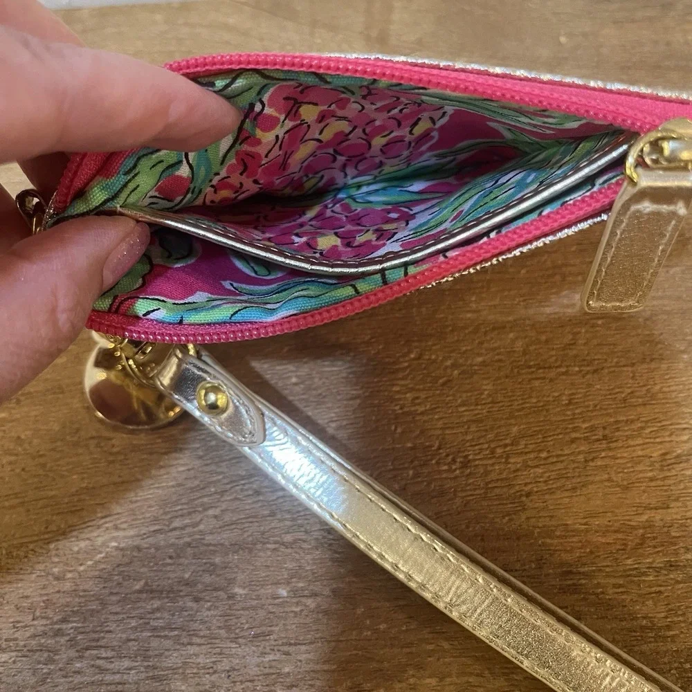 Lilly Pulitzer Gold Metallic Zip Coin Purse Wristlet Pink Lining Logo Charm